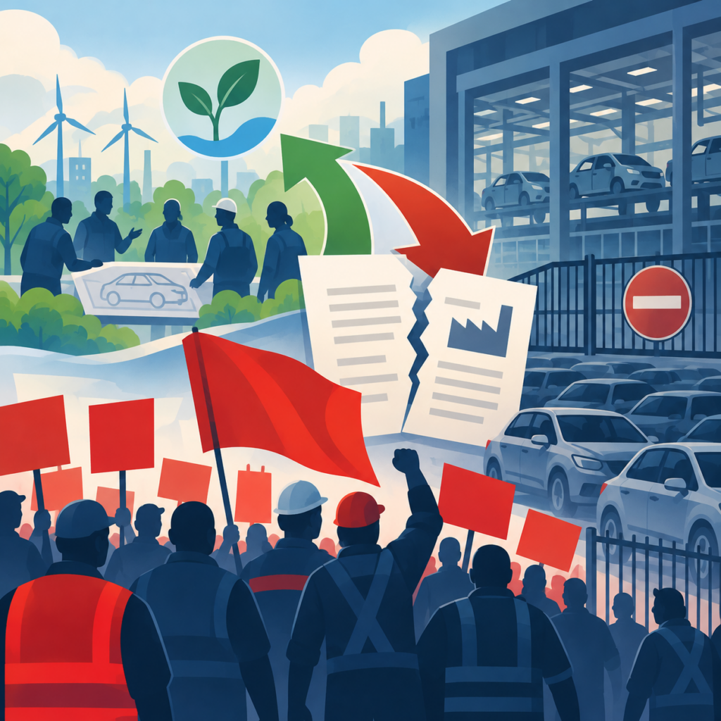 Illustration zum Tarifkonflikt in der Automobilindustrie: Zahlreiche Beschäftigte demonstrieren mit roten Fahnen und unbeschrifteten Schildern vor einem Automobilwerk. Ein zerrissenes Vertragsdokument symbolisiert die Kündigung von Tarifverträgen. Ein geschlossenes Werkstor steht für drohende Standortschließungen. Im Hintergrund beraten Beschäftigte über ein Fahrzeugkonzept, während ein grüner Pfeil auf mögliche Zukunftsperspektiven verweist.