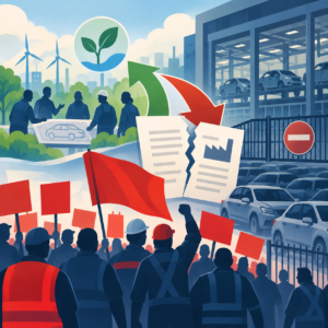 Illustration zum Tarifkonflikt in der Automobilindustrie: Zahlreiche Beschäftigte demonstrieren mit roten Fahnen und unbeschrifteten Schildern vor einem Automobilwerk. Ein zerrissenes Vertragsdokument symbolisiert die Kündigung von Tarifverträgen. Ein geschlossenes Werkstor steht für drohende Standortschließungen. Im Hintergrund beraten Beschäftigte über ein Fahrzeugkonzept, während ein grüner Pfeil auf mögliche Zukunftsperspektiven verweist.