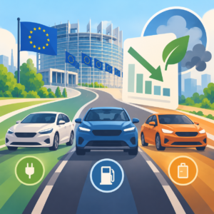 Illustration zur europäischen Automobil- und Klimapolitik: Drei Autos in Weiß, Blau und Orange fahren auf getrennten Fahrspuren, die unterschiedliche Antriebsarten symbolisieren. Im Hintergrund stehen das Europäische Parlament und mehrere EU-Flaggen. Ein großes Diagramm mit absteigenden Balken, grünem Pfeil und Blatt verdeutlicht die geplante Verringerung der CO₂-Emissionen.