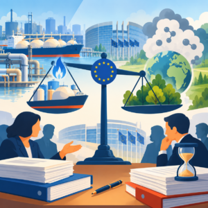 Illustration zum Streit über die EU-Methanverordnung: Eine große Waage mit EU-Sternen steht zwischen einem Flüssiggastanker und einer grünen Erdkugel. Auf den Waagschalen liegen ein Gastanker und eine begrünte Landschaft. Im Vordergrund diskutieren zwei politische Vertreter zwischen Aktenstapeln und einer Sanduhr. Im Hintergrund sind Industrieanlagen, das Europäische Parlament und stilisierte Methanmoleküle zu sehen.