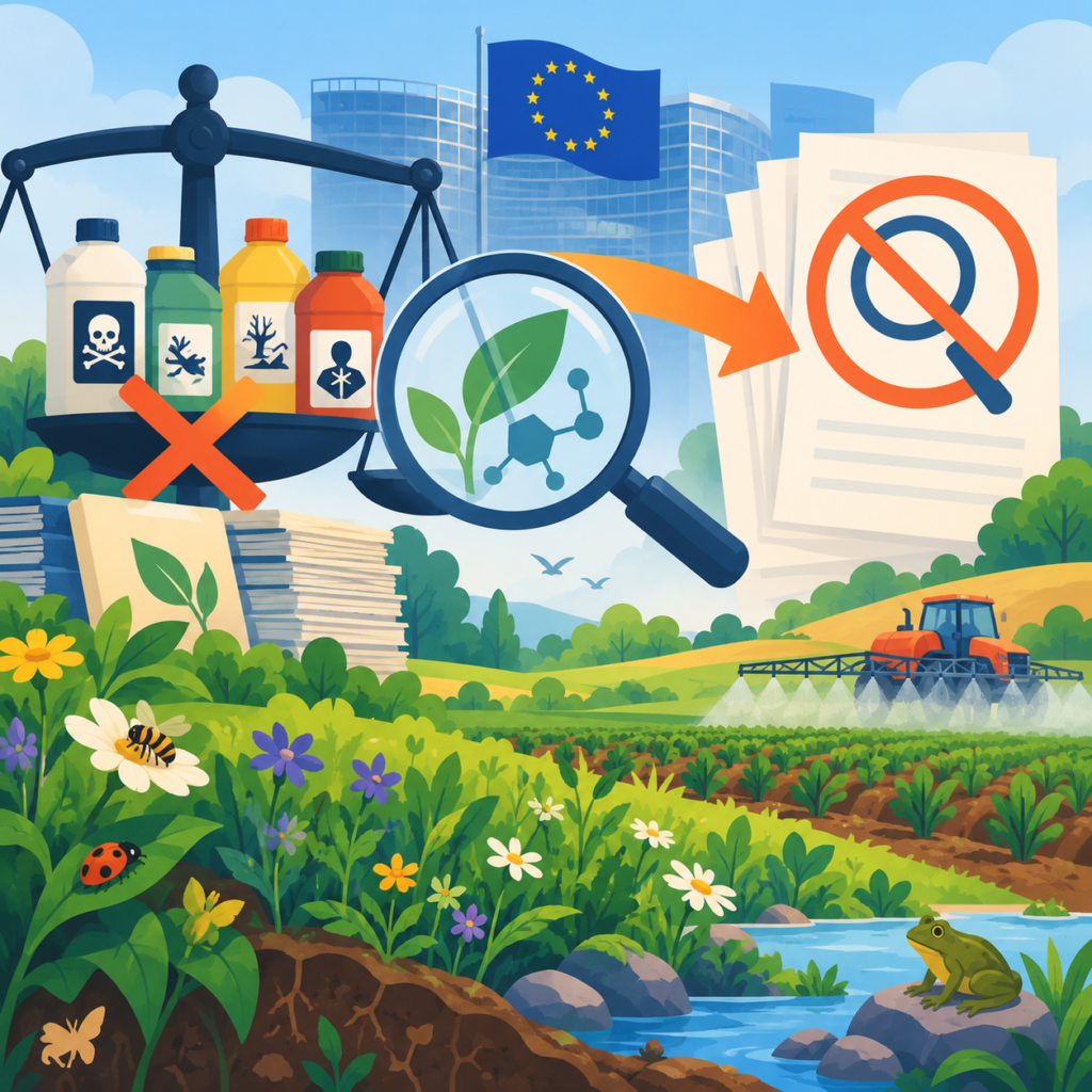 Illustration zur geplanten Lockerung europäischer Pestizidkontrollen: Eine große Waage mit Pestizidflaschen und eine Lupe mit Pflanze und Molekülstruktur symbolisieren die wissenschaftliche Risikoprüfung. Ein orangefarbener Pfeil führt zu Dokumenten mit durchgestrichener Lupe. Im Hintergrund sind eine EU-Flagge, ein sprühender Traktor und eine grüne Landschaft mit Blumen, Insekten und einem Frosch zu sehen.