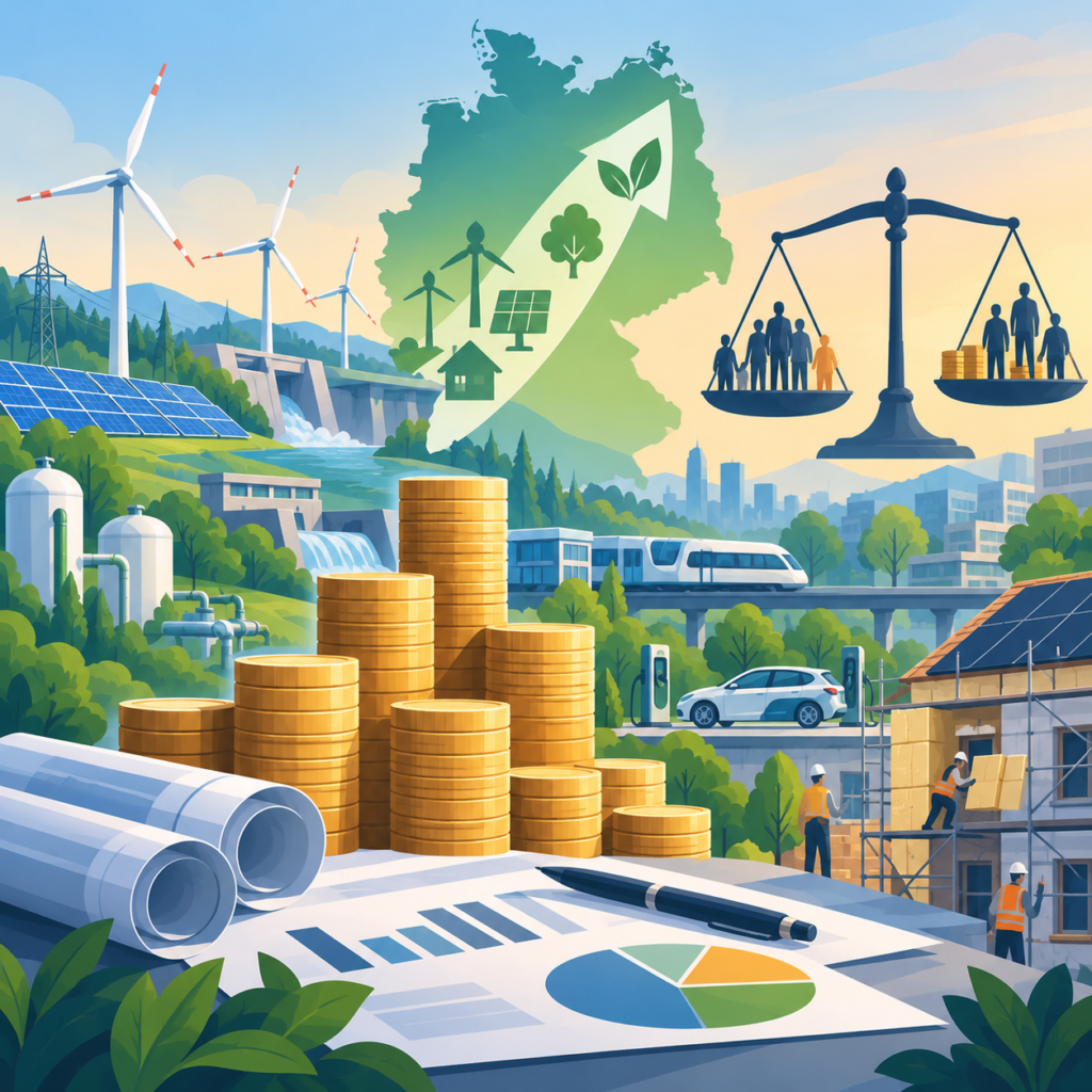 Illustration zur Finanzierung der Energiewende in Deutschland: Eine große grüne Deutschlandkarte mit aufsteigendem Pfeil symbolisiert den Weg zur Klimaneutralität. Im Vordergrund stehen zahlreiche goldene Münzstapel neben Bauplänen und Diagrammen. Windräder, Solaranlagen, ein Wasserkraftwerk, ein Elektroauto und energetische Gebäudesanierungen stehen für Investitionen in klimafreundliche Technologien. Eine Waage mit Menschenfiguren und Geldstapeln verdeutlicht die Frage der sozialen Verteilung der Kosten.