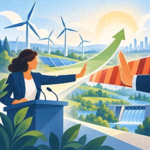 Illustration zur Zukunft der Energiewende: Eine Politikerin steht an einem Rednerpult und hält ihre Hand gegen eine rot-orange Absperrung, die von einer weiteren Person gestützt wird. Ein großer grüner Pfeil weist nach oben und symbolisiert den Ausbau erneuerbarer Energien. Im Hintergrund sind Windräder, Solaranlagen, ein Wasserkraftwerk und eine begrünte Landschaft zu sehen.