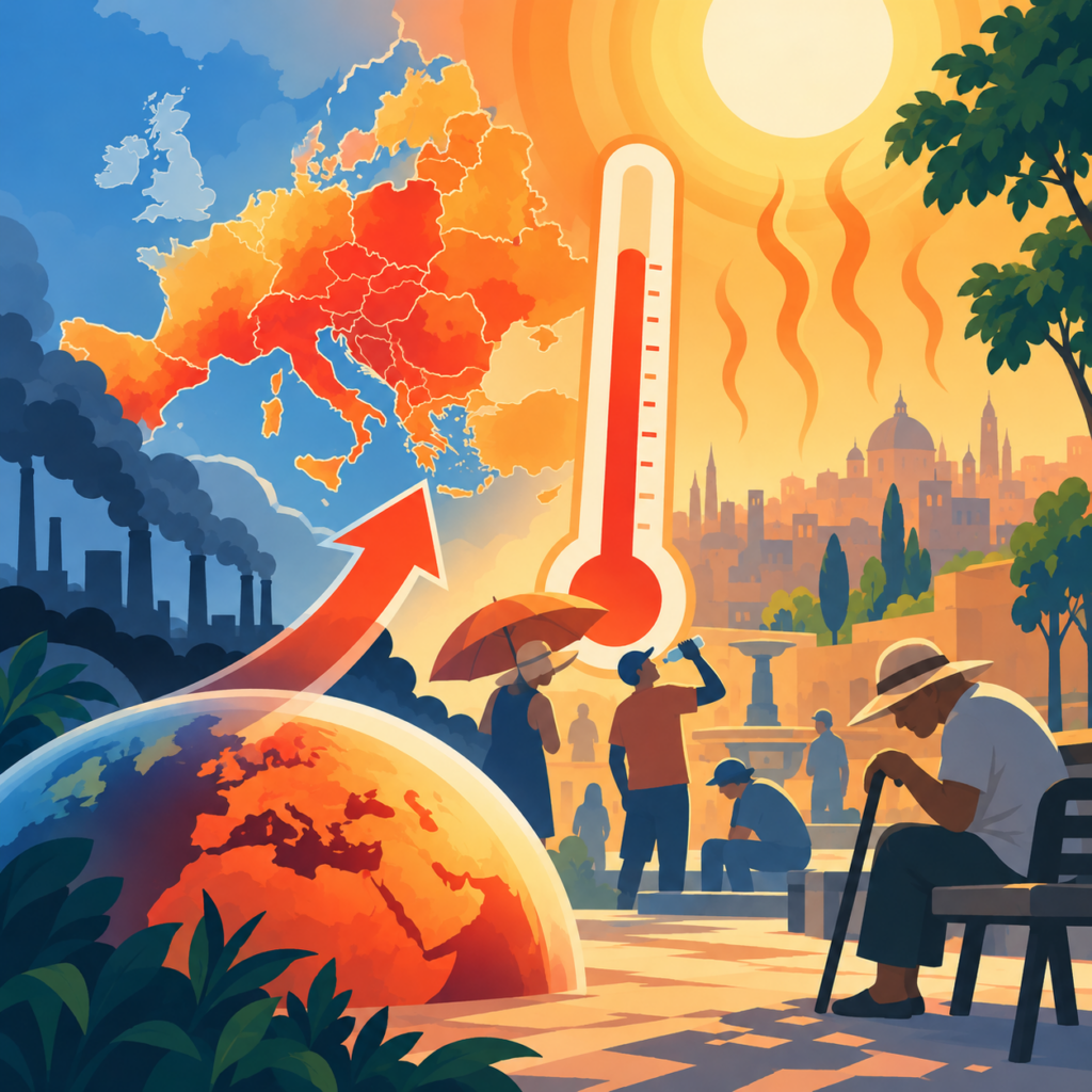 Illustration zu den gesundheitlichen Folgen extremer Hitze in Europa: Eine rot-orange eingefärbte Europakarte, ein großes Thermometer und eine strahlende Sonne symbolisieren steigende Temperaturen. Im Vordergrund suchen Menschen Schutz vor der Hitze, darunter ein älterer Mann mit Gehstock, eine Person mit Sonnenschirm und ein Mann, der Wasser trinkt. Industrieanlagen mit dunklen Rauchwolken verweisen auf den menschengemachten Klimawandel.