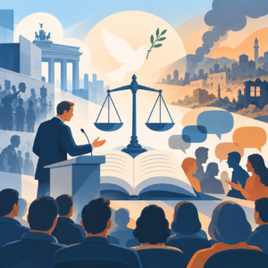 Illustration zur Debatte über Völkerrecht und historische Verantwortung: Ein Redner spricht vor einem Publikum. Im Mittelpunkt stehen eine Waage auf einem aufgeschlagenen Buch als Symbol für Recht und Gerechtigkeit sowie eine weiße Friedenstaube mit Olivenzweig. Links erinnern historische Silhouetten und das Brandenburger Tor an Deutschlands Vergangenheit, rechts symbolisieren zerstörte Gebäude und Rauch einen aktuellen bewaffneten Konflikt. Sprechblasen und diskutierende Menschen stehen für den gesellschaftlichen Dialog.