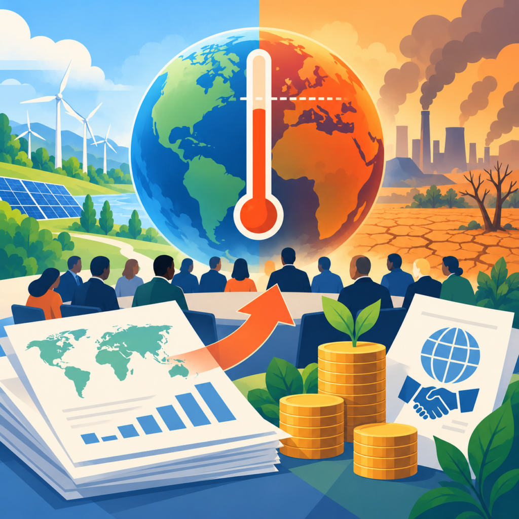 Illustration zum globalen Klimaschutz: Eine große Erdkugel ist in eine grüne, klimafreundliche und eine orangefarbene, von Hitze und Dürre geprägte Hälfte geteilt. Ein Thermometer symbolisiert die steigende Erderwärmung. Im Vordergrund beraten internationale Vertreter über Klimastrategien. Münzstapel mit einer wachsenden Pflanze und ein Handschlagsymbol stehen für Klimafinanzierung und internationale Zusammenarbeit.