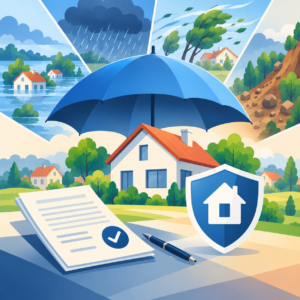 Illustration zur Elementarschadenversicherung: Ein großes blaues Regenschirmdach schützt ein Wohnhaus mit orangefarbenem Dach. Im Hintergrund sind Hochwasser, Starkregen, Sturm und Erdrutsche dargestellt. Im Vordergrund symbolisieren ein Schutzschild mit Haussymbol und ein Versicherungsdokument den geplanten Versicherungsschutz