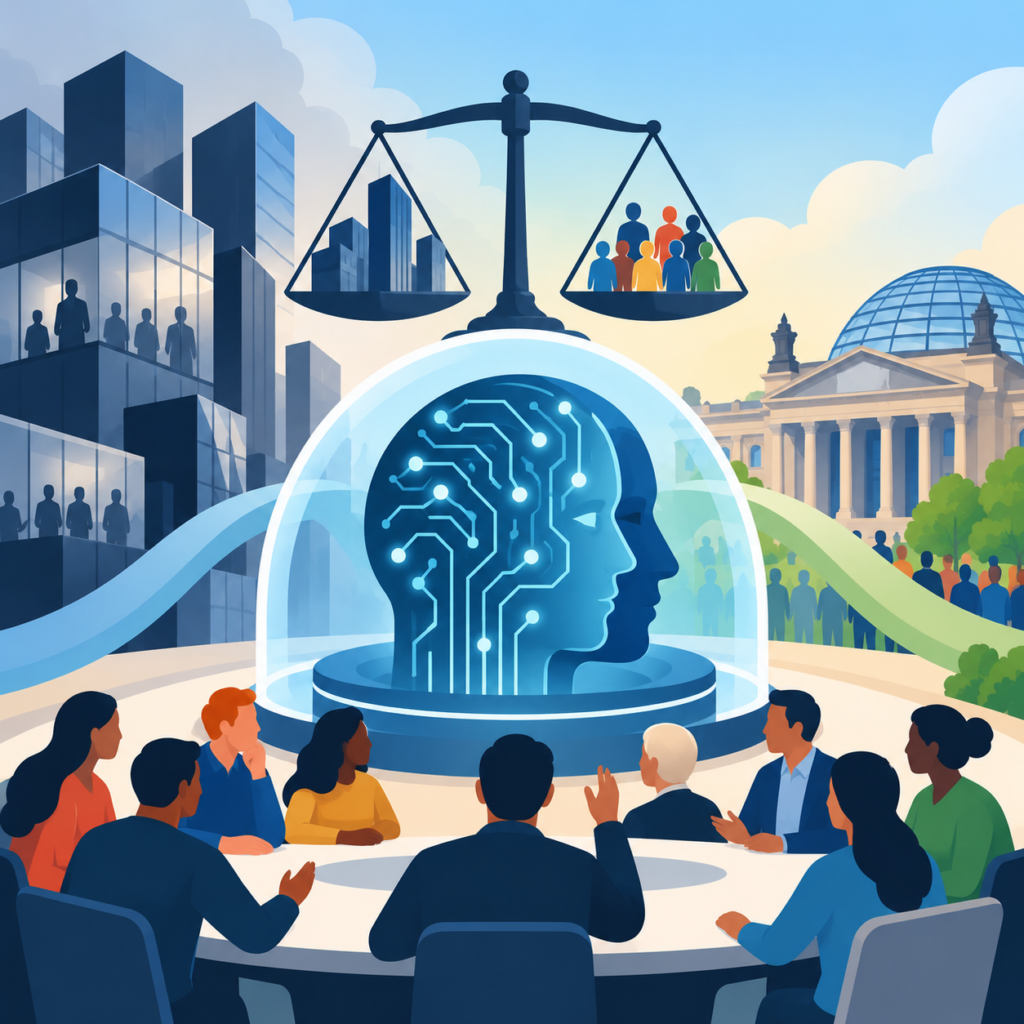 Editorial-Illustration zur demokratischen Kontrolle künstlicher Intelligenz: Im Mittelpunkt steht ein blaues, aus elektronischen Leiterbahnen geformtes menschliches Kopfprofil unter einer transparenten Schutzkuppel. Davor diskutieren Menschen an einem runden Tisch. Darüber symbolisiert eine Waage das Verhältnis zwischen großen Technologiekonzernen und der Gesellschaft. Links stehen dunkle Bürohochhäuser, rechts ein Parlamentsgebäude und eine Menschenmenge.
