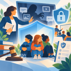Illustration zum Schutz Minderjähriger vor sexualisierter Gewalt im Internet: Drei Kinder sitzen unter einem großen blauen Schutzschild. Im Hintergrund erscheint eine bedrohliche, dunkle Silhouette auf einem digitalen Bildschirm. Eine Frau hält schützend die Hand in Richtung des Bildschirms. Symbole für Datenschutz, Gesetze und Schulungen verdeutlichen Maßnahmen zur Prävention.