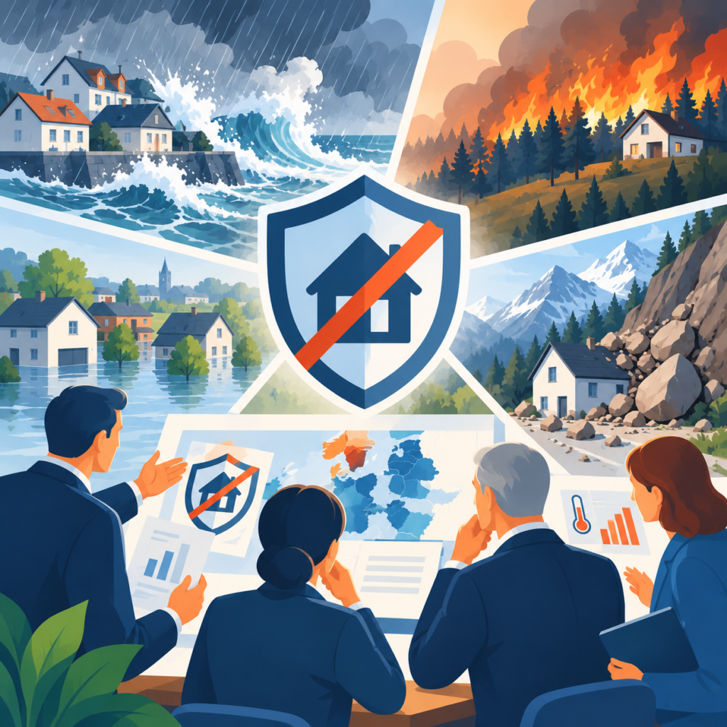Illustration zu den Folgen des Klimawandels für Gebäudeversicherungen: Ein großes blaues Schutzschild mit einem durchgestrichenen Haus symbolisiert fehlenden Versicherungsschutz. Darum gruppieren sich vier Szenen mit Sturmflut, Waldbrand, Überschwemmung und Erdrutsch. Im Vordergrund beraten vier Personen anhand von Karten und Diagrammen über die wachsenden Klimarisiken.