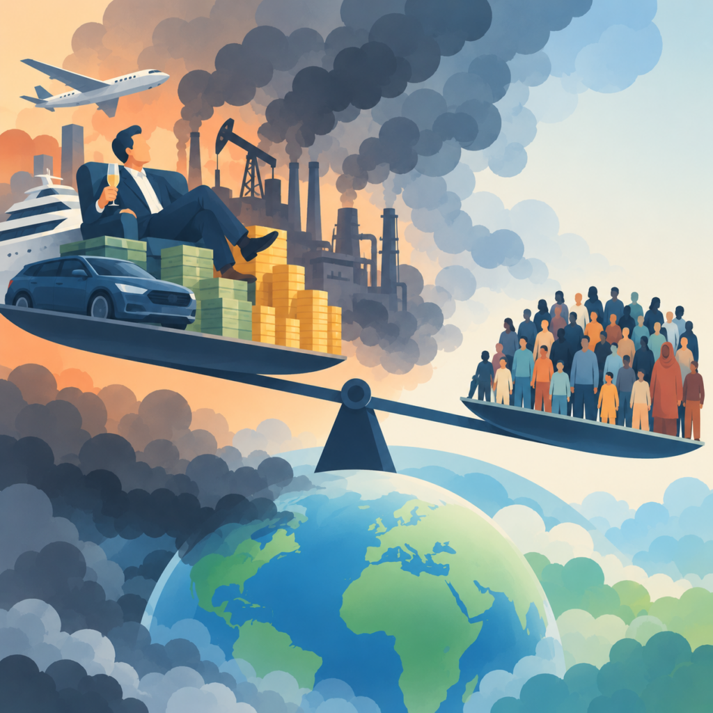 Illustration einer schiefen Waage über der Erde. Links sitzt ein wohlhabender Mann zwischen Geldstapeln, Luxusfahrzeugen und rauchenden Industrieanlagen. Rechts steht eine große Menschengruppe. Dunkle Rauchwolken verdeutlichen die ungleiche Verteilung klimaschädlicher Emissionen.