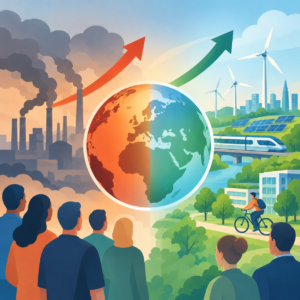 Illustration zum globalen Klimaschutz: Eine große Erdkugel ist in eine orangefarbene, von Industrieabgasen geprägte Hälfte und eine grün-blaue, klimafreundliche Hälfte geteilt. Links symbolisiert ein roter Aufwärtspfeil steigende CO₂-Emissionen. Rechts stehen Windräder, Solaranlagen, ein moderner Zug und begrünte Gebäude für die Energiewende. Im Vordergrund betrachten mehrere Menschen die gegensätzlichen Entwicklungen.