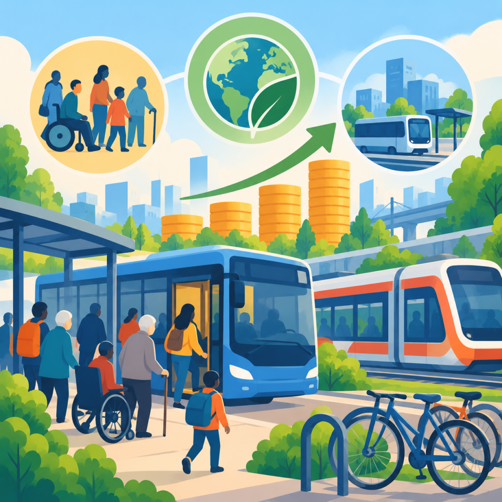 Illustration zur Finanzierung des öffentlichen Nahverkehrs: Menschen unterschiedlichen Alters, darunter Rollstuhlnutzende und ältere Personen, steigen an einer Haltestelle in einen blauen Bus. Daneben fährt eine moderne Straßenbahn. Im Hintergrund symbolisieren wachsende Münzstapel und ein grüner Aufwärtspfeil höhere Investitionen. Drei Kreissymbole stehen für gesellschaftliche Teilhabe, Klimaschutz und den Ausbau des Nahverkehrs.
