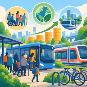 Illustration zur Finanzierung des öffentlichen Nahverkehrs: Menschen unterschiedlichen Alters, darunter Rollstuhlnutzende und ältere Personen, steigen an einer Haltestelle in einen blauen Bus. Daneben fährt eine moderne Straßenbahn. Im Hintergrund symbolisieren wachsende Münzstapel und ein grüner Aufwärtspfeil höhere Investitionen. Drei Kreissymbole stehen für gesellschaftliche Teilhabe, Klimaschutz und den Ausbau des Nahverkehrs.