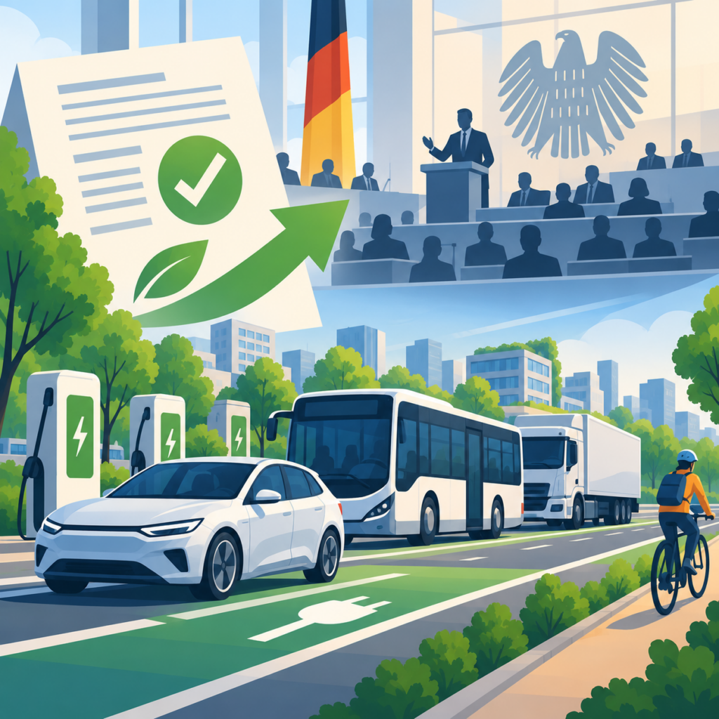 Editorial-Illustration zur Förderung der Elektromobilität: Im Vordergrund fahren ein weißes Elektroauto, ein Elektrobus und ein Lastwagen auf einer begrünten Stadtstraße. Daneben stehen mehrere Ladesäulen, rechts fährt eine Person Fahrrad. Darüber ist ein stilisierter Bundestagssaal mit Rednerpult, Abgeordneten, Bundesadler und Deutschlandflagge dargestellt. Ein großes Dokument mit grünem Häkchen, Blatt und aufsteigendem Pfeil symbolisiert die geplante Gesetzesänderung.