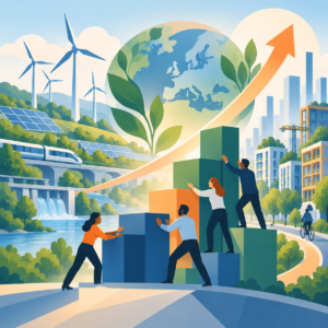 Illustration zur Finanzierung der Energiewende: Vier Menschen bauen gemeinsam eine aufsteigende Säule aus farbigen Bausteinen auf. Ein großer orangefarbener Pfeil weist nach oben. Im Hintergrund symbolisieren eine grüne Erdkugel, Windräder, Solaranlagen, ein Zug und eine moderne Stadt den Weg zur Klimaneutralität