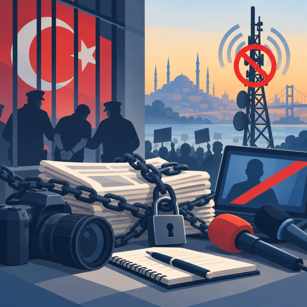 Illustration zur Einschränkung der Pressefreiheit in der Türkei: Eine Kamera und Zeitungsstapel sind mit schweren Ketten und einem Vorhängeschloss umschlossen. Links wird eine Person von zwei Sicherheitskräften abgeführt. Im Hintergrund sind die türkische Flagge hinter Gitterstäben, demonstrierende Menschen und die Silhouette Istanbuls zu sehen. Ein durchgestrichener Sendemast und ein gesperrter Bildschirm symbolisieren staatliche Medienzensur.