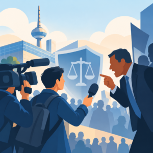 Illustration zur Pressefreiheit: Ein Reporter hält einem aggressiv gestikulierenden Politiker ein Mikrofon entgegen, während ein Kameramann die Szene filmt. Zwischen beiden steht ein großes blaues Schutzschild mit einer Waage als Symbol für Rechtsstaatlichkeit und den Schutz unabhängiger Medien. Im Hintergrund sind eine Menschenmenge, moderne Gebäude und ein Sendeturm zu sehen.
