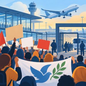 Illustration zu Protesten gegen Abschiebungen: Eine große Menschenmenge demonstriert mit unbeschrifteten Schildern und roten Fahnen vor einem Flughafengebäude. Im Vordergrund halten Demonstrierende ein weißes Banner mit einer blauen Friedenstaube und einem grünen Olivenzweig. Rechts stehen Sicherheitskräfte an einem eingezäunten Zugang, durch den mehrere Personen zu einem Bus gehen. Im Hintergrund sind ein Flughafentower und ein Passagierflugzeug zu sehen.