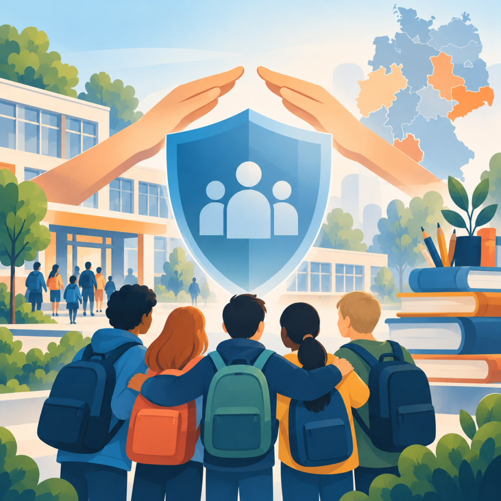 Illustration zum Schutz von Kindern und Jugendlichen vor sexualisierter Gewalt: Fünf Schülerinnen und Schüler mit Schulrucksäcken stehen gemeinsam vor einem Schulgebäude. Über ihnen bilden zwei große Hände ein schützendes Dach um ein blaues Schild mit stilisierten Personen. Im Hintergrund zeigt eine Deutschlandkarte unterschiedlich eingefärbte Bundesländer.