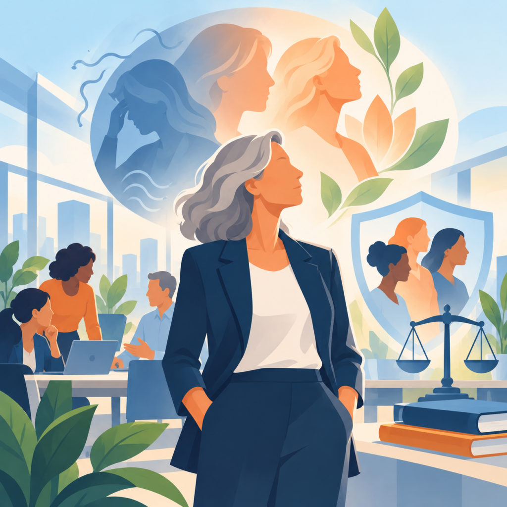 Illustration zur Gleichberechtigung von Frauen in den Wechseljahren: Im Mittelpunkt steht eine selbstbewusste Frau mit grauem Haar und dunkelblauem Hosenanzug. Im Hintergrund symbolisieren Frauenprofile unterschiedliche Lebensphasen. Ein Schutzschild mit drei Frauen, eine Waage und gemeinsam arbeitende Menschen stehen für Gleichbehandlung, Unterstützung und Chancengerechtigkeit am Arbeitsplatz.