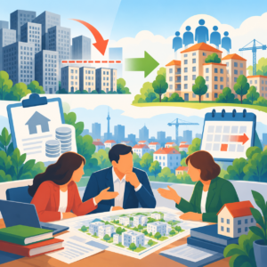 Illustration zur geplanten Vergesellschaftung großer Wohnungsbestände: Drei politische Vertreter diskutieren an einem Tisch über einen Stadtplan mit Wohngebäuden. Im Hintergrund symbolisieren große graue Hochhäuser und kleinere, begrünte Wohnanlagen den Wandel von privatem zu gemeinschaftlich organisiertem Wohnraum. Pfeile, ein Kalender und Münzstapel stehen für politische Vorgaben, Entschädigungen und die geplante Umsetzung.