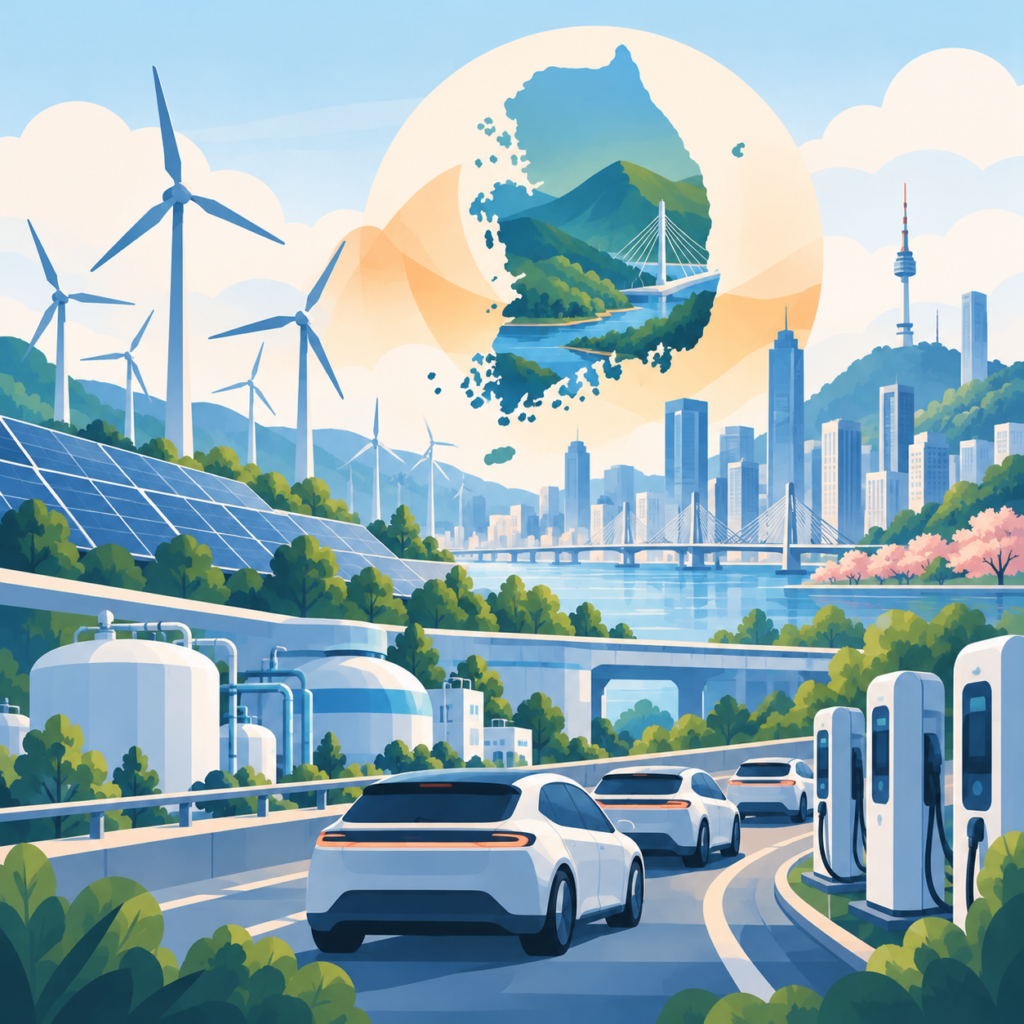 Illustration zur Energiewende in Südkorea: Windräder, Solaranlagen und Wasserstoffspeicher prägen eine grüne Stadtlandschaft. Im Vordergrund fahren Elektroautos an Ladestationen vorbei. Über der Stadt schwebt eine stilisierte Landkarte Südkoreas als Symbol für die nationale Klimaschutzstrategie