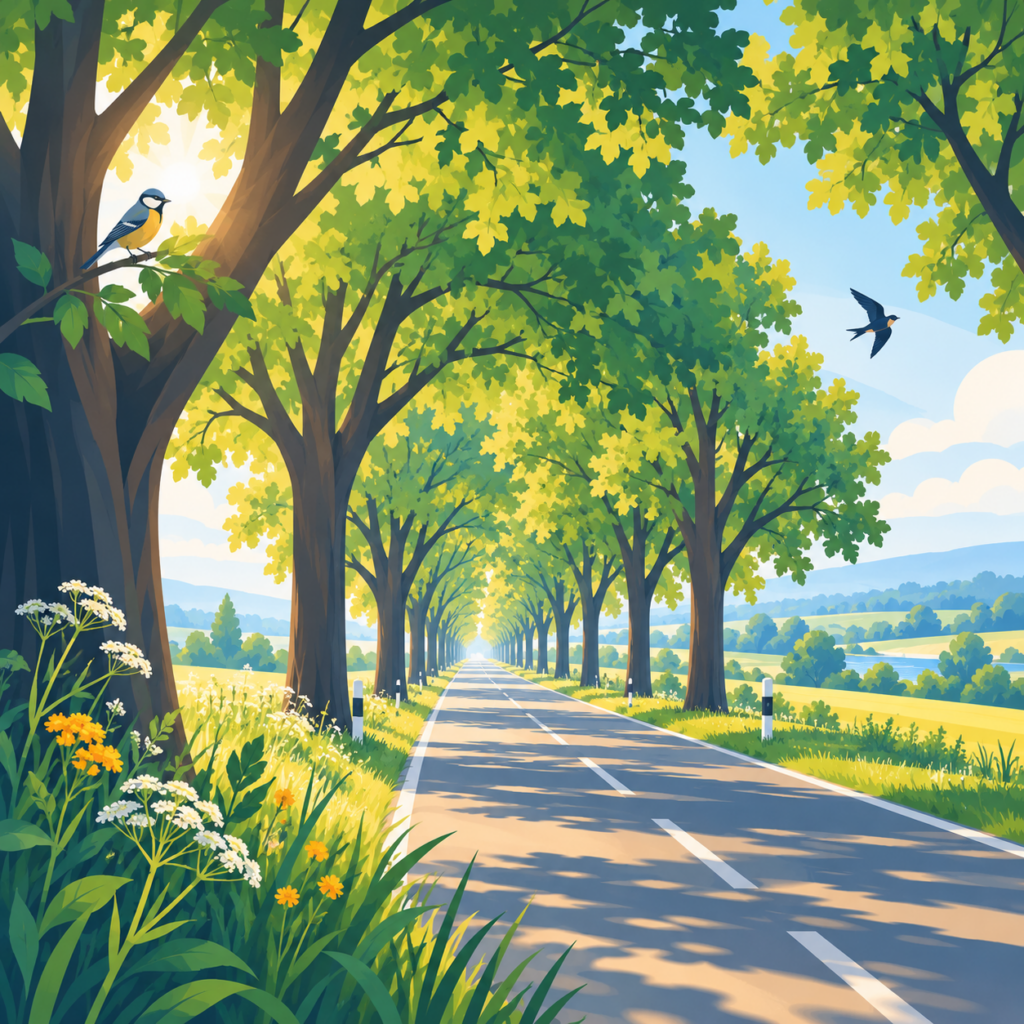 Illustration einer langen, geraden Landstraße, die von hohen, dicht belaubten Bäumen gesäumt wird. Die Baumkronen bilden einen grünen Tunnel über der Straße. Sonnenlicht fällt durch die Blätter und wirft weiche Schatten auf den Asphalt. Am Straßenrand wachsen Wildblumen, auf einem Ast sitzt ein kleiner Singvogel, während eine Schwalbe über die Allee fliegt