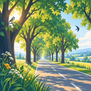 Illustration einer langen, geraden Landstraße, die von hohen, dicht belaubten Bäumen gesäumt wird. Die Baumkronen bilden einen grünen Tunnel über der Straße. Sonnenlicht fällt durch die Blätter und wirft weiche Schatten auf den Asphalt. Am Straßenrand wachsen Wildblumen, auf einem Ast sitzt ein kleiner Singvogel, während eine Schwalbe über die Allee fliegt