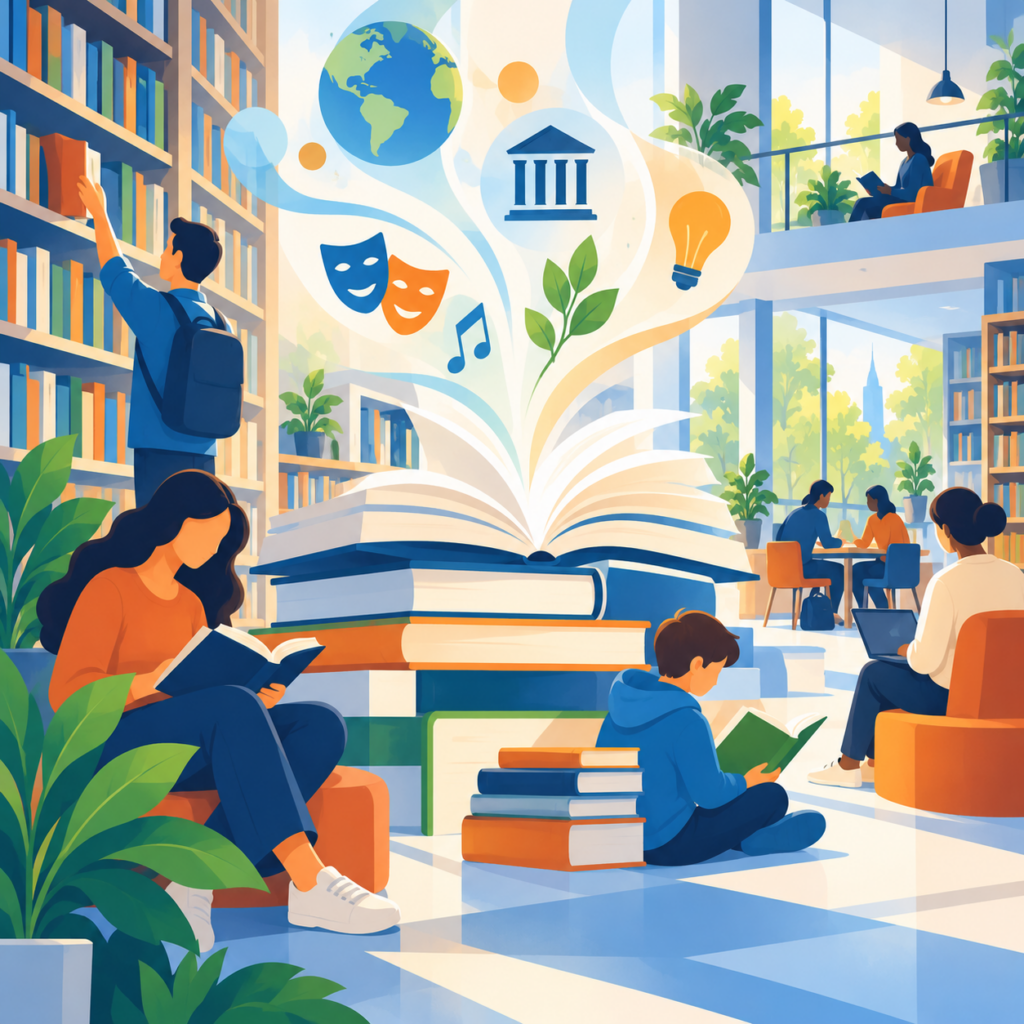 Illustration einer modernen, hellen Bibliothek mit hohen Bücherregalen und Menschen, die lesen, lernen und gemeinsam arbeiten. Im Mittelpunkt liegt ein großes aufgeschlagenes Buch auf einem Bücherstapel. Aus seinen Seiten steigen farbige Bänder mit Symbolen für Wissen, Kultur und Bildung auf, darunter eine Weltkugel, Theatermasken, eine Glühbirne und eine Musiknote