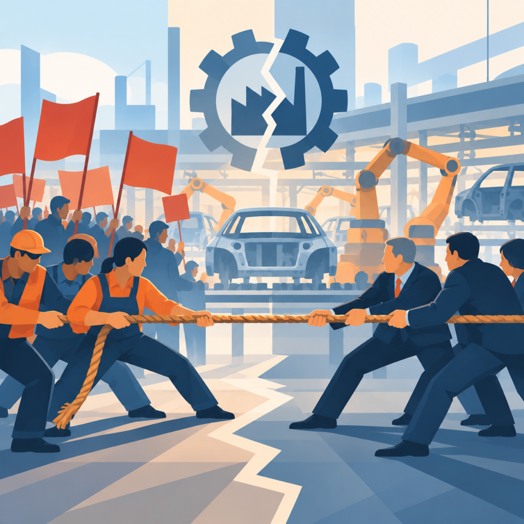 Illustration zum Tarifkonflikt in der Automobilindustrie: Beschäftigte in Arbeitskleidung und Gewerkschaftsdemonstrierende ziehen an einem Seil gegen Manager in dunklen Anzügen. Im Hintergrund sind eine Autofabrik mit Fertigungsrobotern und Fahrzeugkarosserien sowie ein zerbrochenes Zahnrad zu sehen. Ein Riss im Boden symbolisiert den tiefen Konflikt zwischen Arbeitnehmern und Unternehmensleitung.