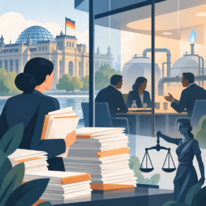 Eine Person prüft umfangreiche Akten, während hinter einer Glaswand Vertreter aus Politik und Gaswirtschaft miteinander sprechen. Justitia symbolisiert die rechtliche Kontrolle.
