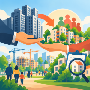 Illustration zur Vergesellschaftung großer Wohnungsbestände: Zwei große Hände symbolisieren die Übergabe grauer Hochhäuser in gemeinschaftliche Verantwortung. Ein orangefarbener Pfeil führt zu begrünten Wohnanlagen mit stilisierten Menschenfiguren. Im Hintergrund entstehen neue Wohngebäude, während eine Lupe über einem Haus die geplante Mietenaufsicht symbolisiert.