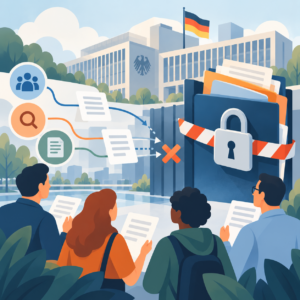 Bürgerinnen und Bürger mit Dokumenten stehen vor einem verschlossenen digitalen Aktenarchiv. Schloss und Barriere symbolisieren einen erschwerten Zugang zu Behördeninformationen.