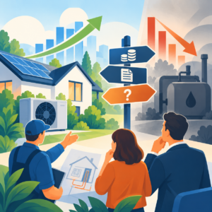 Illustration zur Wärmewende: Links steht ein modernes Haus mit Solaranlage und Wärmepumpe vor einem grünen Aufwärtspfeil. Rechts symbolisieren eine alte Ölheizung und ein orangefarbener Abwärtspfeil den Rückgang fossiler Heizsysteme. Drei Personen betrachten einen Heizungsplan und einen Wegweiser mit Symbolen für Förderung, Vorschriften und Unsicherheit.