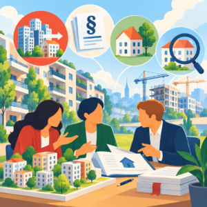 Illustration zur Wohnungspolitik: Drei Personen diskutieren an einem Tisch über Wohnungsbau und gesetzliche Regelungen. Im Hintergrund stehen moderne Wohngebäude und Baukräne. Vier kreisförmige Symbole zeigen die Überführung großer Wohnungsbestände, gesetzliche Vorschriften, gemeinschaftliches Wohnen und die Kontrolle des Wohnungsmarktes.