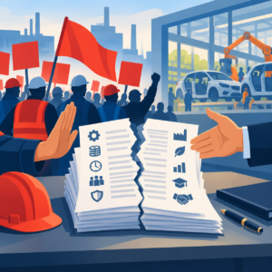 Illustration zum Tarifkonflikt in der Automobilindustrie: Im Vordergrund liegt ein großer, mittig zerrissener Stapel von Tarifvertragsdokumenten mit Symbolen für Löhne, Arbeitszeit, Beschäftigung und Mitbestimmung. Links signalisiert eine erhobene Hand der Arbeitnehmerseite Widerstand, rechts bietet eine Hand im Anzug Verhandlungen an. Im Hintergrund demonstrieren Beschäftigte mit roten Fahnen vor einem Automobilwerk.