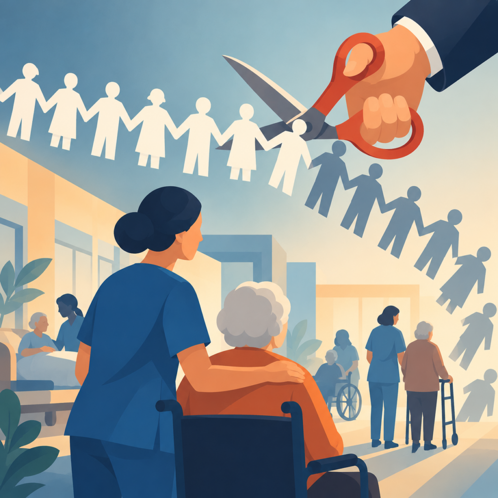 Illustration zur drohenden Personalreduzierung in der Pflege. Eine große Hand mit einer Schere durchtrennt eine Kette aus Papierfiguren. Darunter betreuen Pflegekräfte in blauer Kleidung ältere Menschen, darunter Personen im Rollstuhl und mit Rollator.