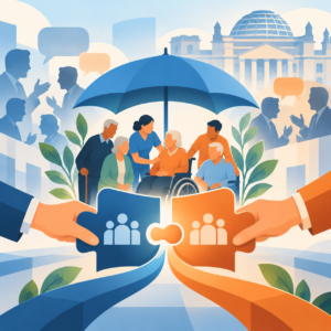 -Illustration zur Reform der Pflegeversicherung: Pflegebedürftige ältere Menschen, darunter zwei Rollstuhlnutzende, stehen gemeinsam mit Pflegekräften unter einem großen blauen Schutzschirm. Im Vordergrund werden zwei große Puzzleteile in Blau und Orange zusammengefügt. Im Hintergrund diskutieren Politiker miteinander