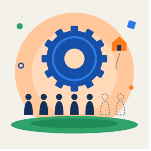 Illustration eines großen blauen Zahnrads über einer Reihe neutraler Figuren, von denen zwei nur noch als gestrichelte Umrisse zu sehen sind. Oben rechts schwebt ein kleines orangefarbenes Haus davon. Sinnbild für Stellenabbau und wegfallende Arbeitsplatzvorteile in der Autoindustrie.