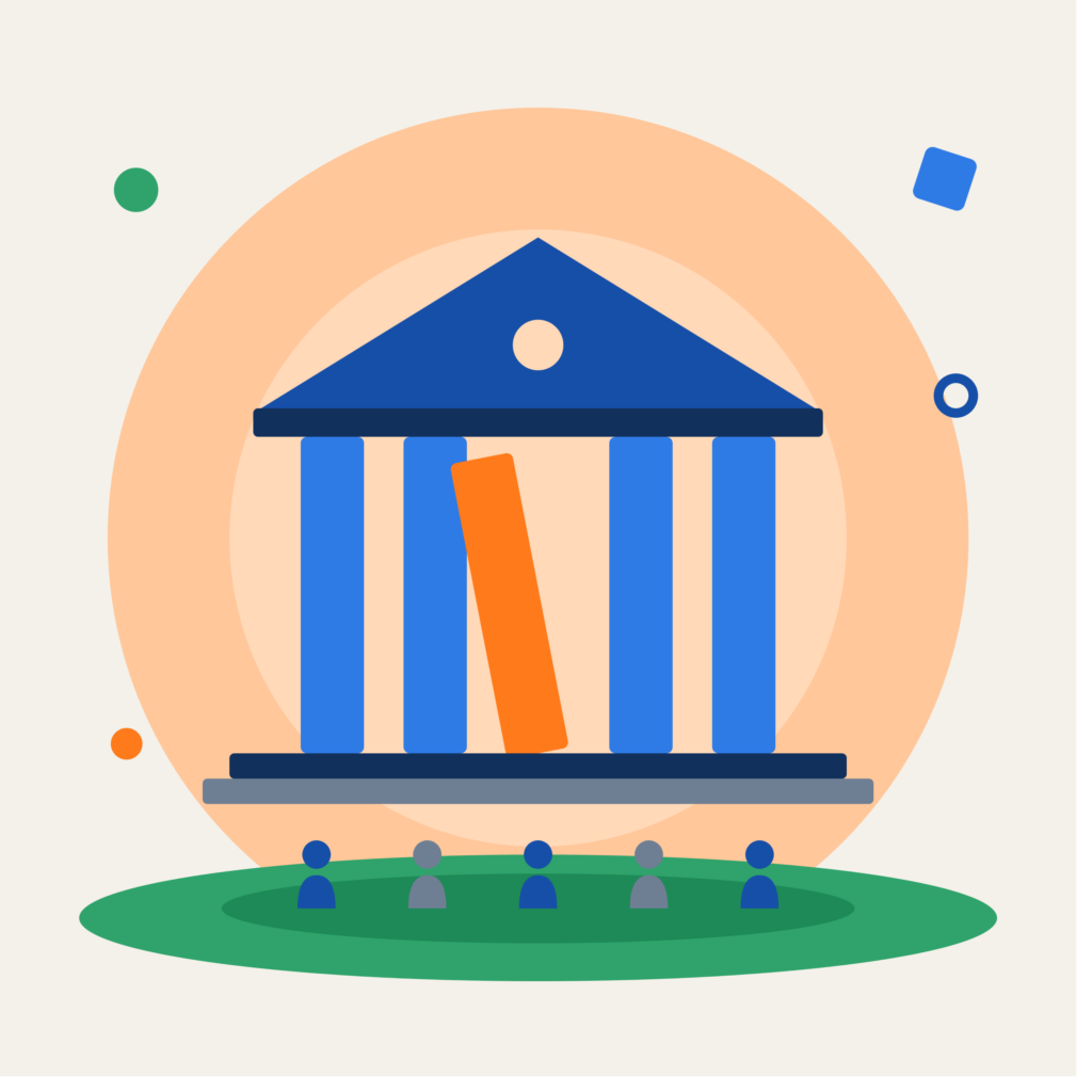 Abstrakte Illustration eines Parlamentsgebäudes mit blauen Säulen, von denen die mittlere orange und schief steht. Davor stehen fünf neutrale Figuren. Sinnbild für einen Bruch mit parlamentarischen Normen und die Reaktion darauf.