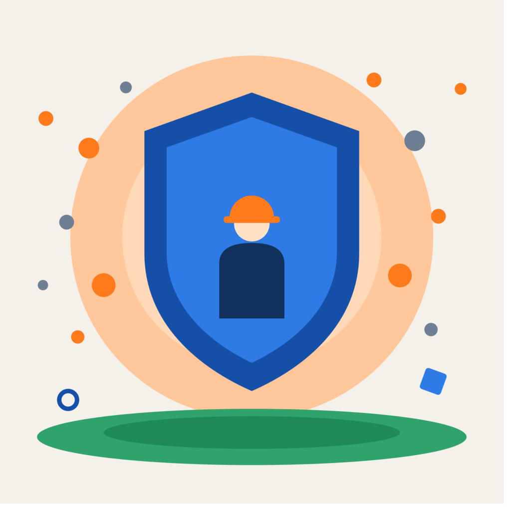 Abstrakte Illustration einer neutralen Figur mit Schutzhelm, die von einem blauen Schild vor 13 kleinen orangen und grauen Partikeln geschützt wird. Symbol für strengere EU-Grenzwerte für krebserregende Stoffe am Arbeitsplatz.