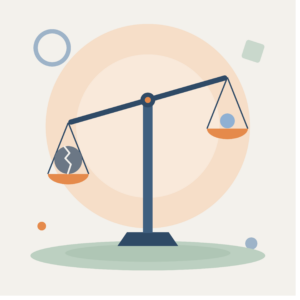 Abstrakte Illustration einer geneigten Waage, deren linke Seite mit einer schweren, gerissenen grauen Kugel nach unten hängt, während rechts eine kleine blaue Kugel oben schwebt. Symbol für eine aus dem Gleichgewicht geratene Debatte über die Todesstrafe.