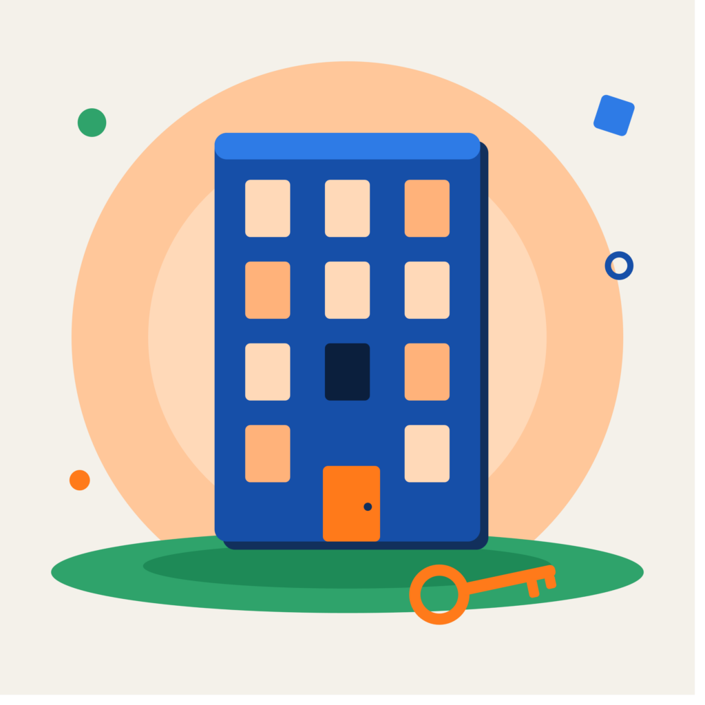 Illustration eines blauen Wohnhauses mit erleuchteten Fenstern, von denen eines dunkel ist, davor ein oranger Schlüssel. Sinnbild für Wohnungsverlust und Zwangsräumung.